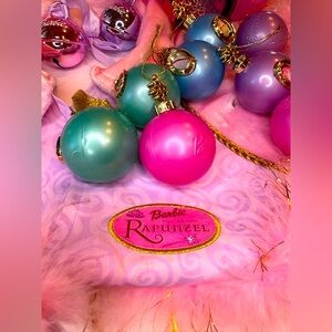 Vintage 2002 Barbie as Rapunzel ornaments, tree skirt and 2010 Corvette.
